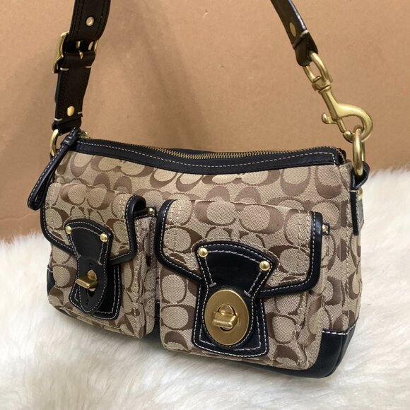 COACH Legacy Turnlock Khaki/Black Shoulder Bag Signature Hobo F12869 - Picture 4 of 14